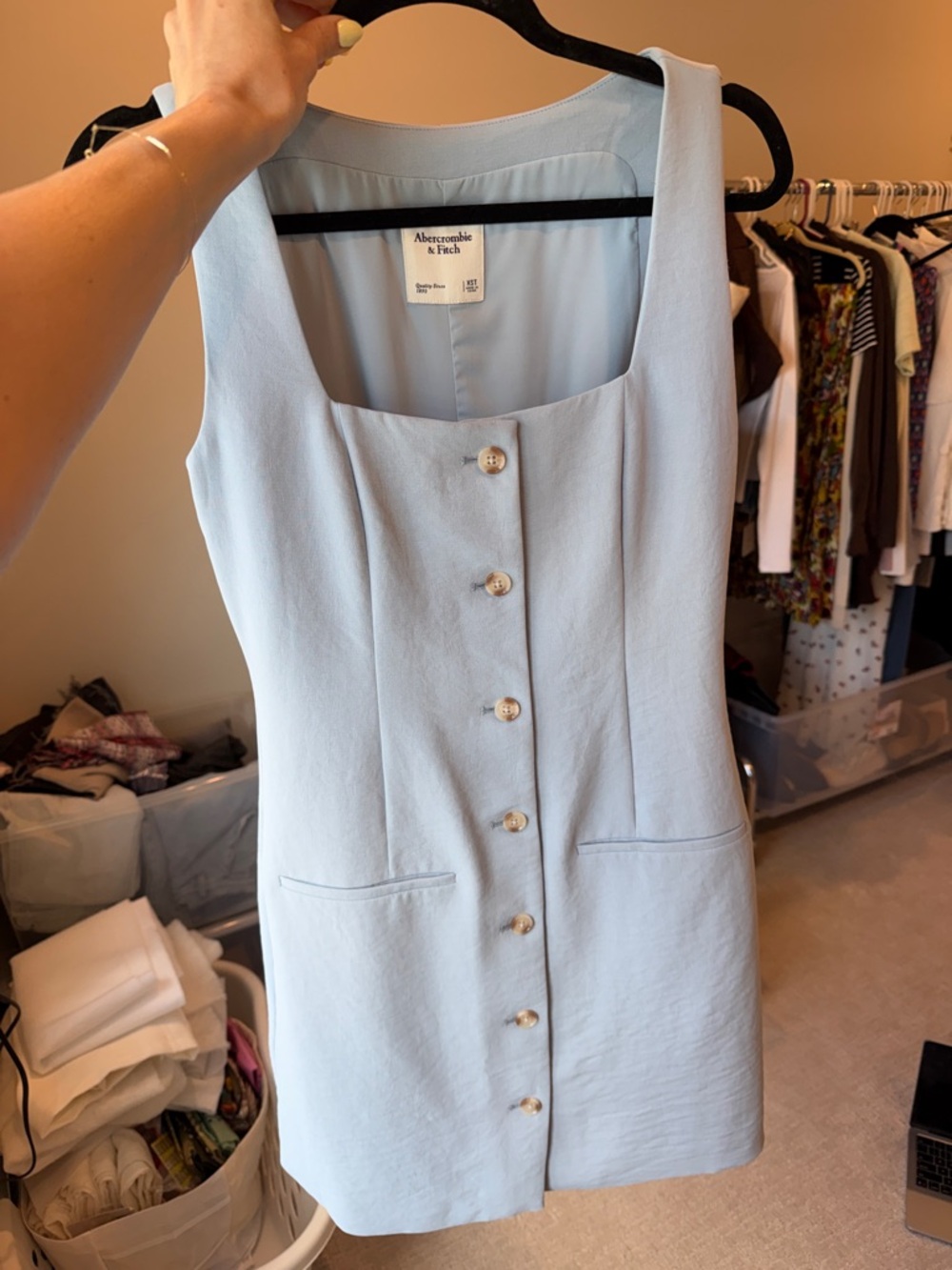 Abercrombie & Fitch Pale Blue Square-Neck Button-Front Mini Dress